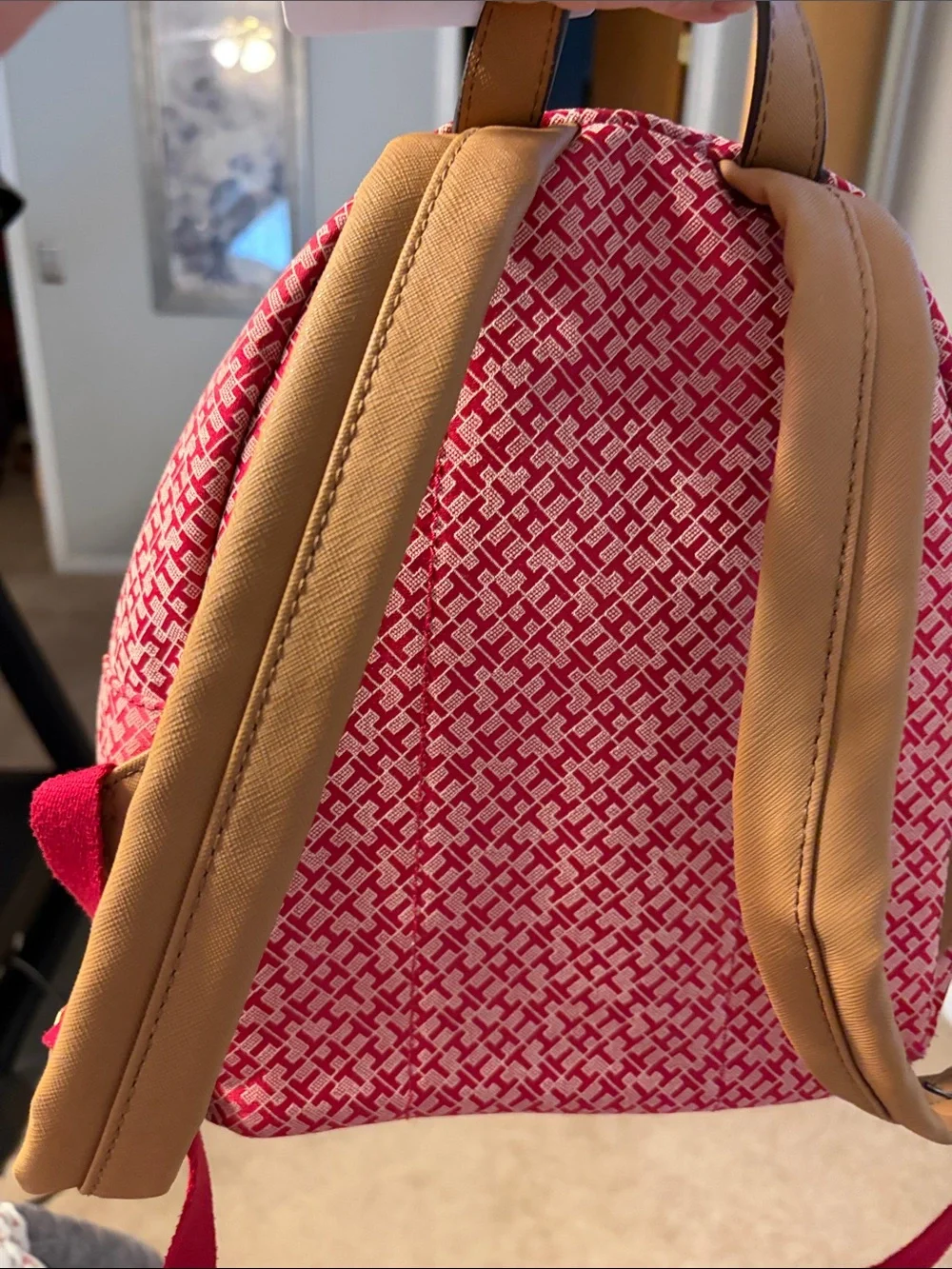 Tommy Hilfiger Red and White Monogram Backpack with Tan Trim.